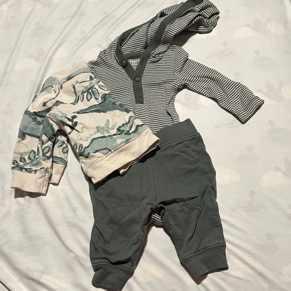 Carter's Green Striped Baby Hooded Onesie with Matching Pants and Additional Top